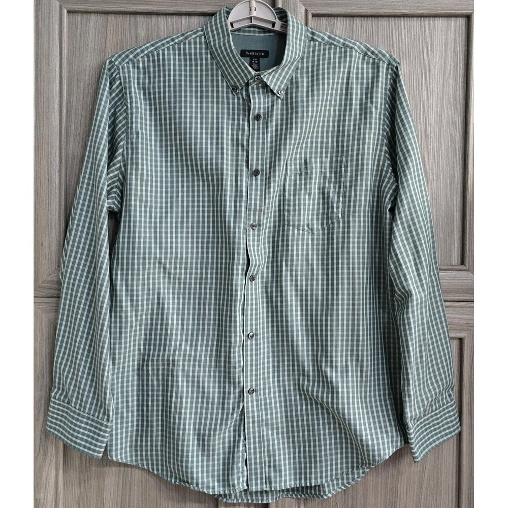 Van Heusen Men's Green Long Sleeve Dress Shirt Size Large Gingham Plaid Design